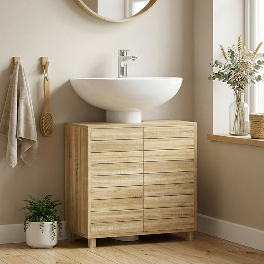 Mueble Bajo Lavabo con Estante Ajustable Puertas de Listones y Apertura por Presión para Lavabo con Pedestal o Pared