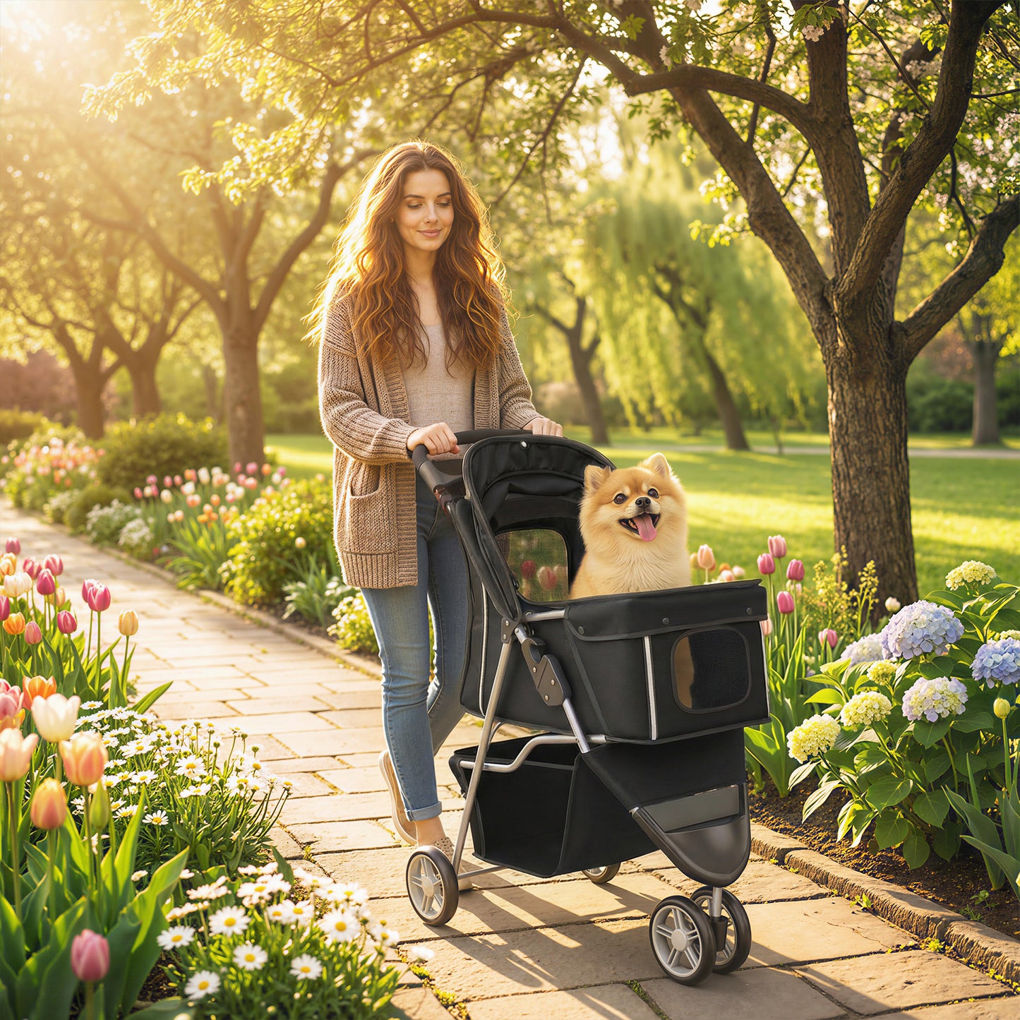 Cochecito para Mascotas de 3 Ruedas para Perros Pequeños y Miniatura, Negro