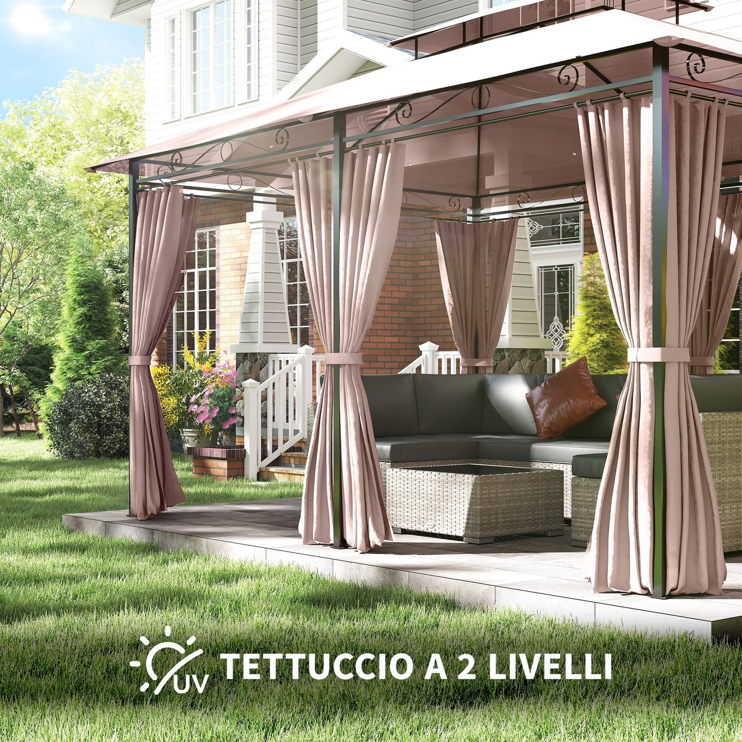 Gazebo de Jardín 4x3m con Doble Techo y Cortinas Laterales en Acero y Poliéster, Color Caqu