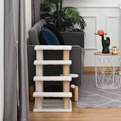 Escalera para Mascotas con Escalón de 4 Peldaños, Rascadores, Plataformas, Pelota de Juguete, para Gatos y Gatitos Mayores de Interior, Blanco