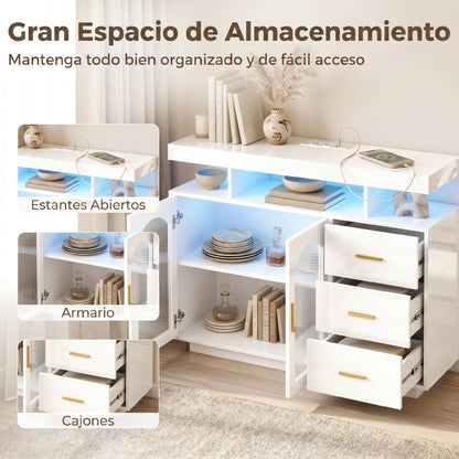 Aparador con LED RGB de 7 Colores Tomas Puertos USB 3 Cajones Estantes Abiertos 2 Puertas Blanco Brillante 100x35x80 cm