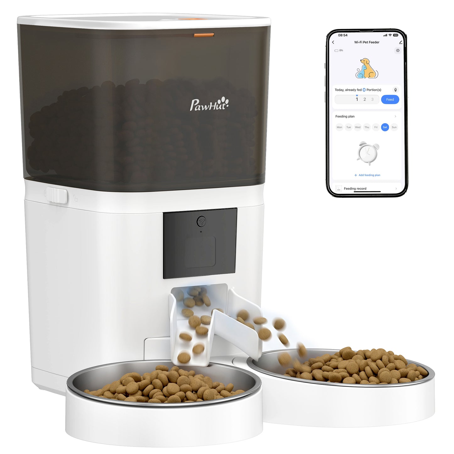 Comedero Automático 6L WiFi 2.4G con Control App 2 Cuencos Programable 1-10 Comidas Grabadora Voz 10s Fácil de Limpiar
