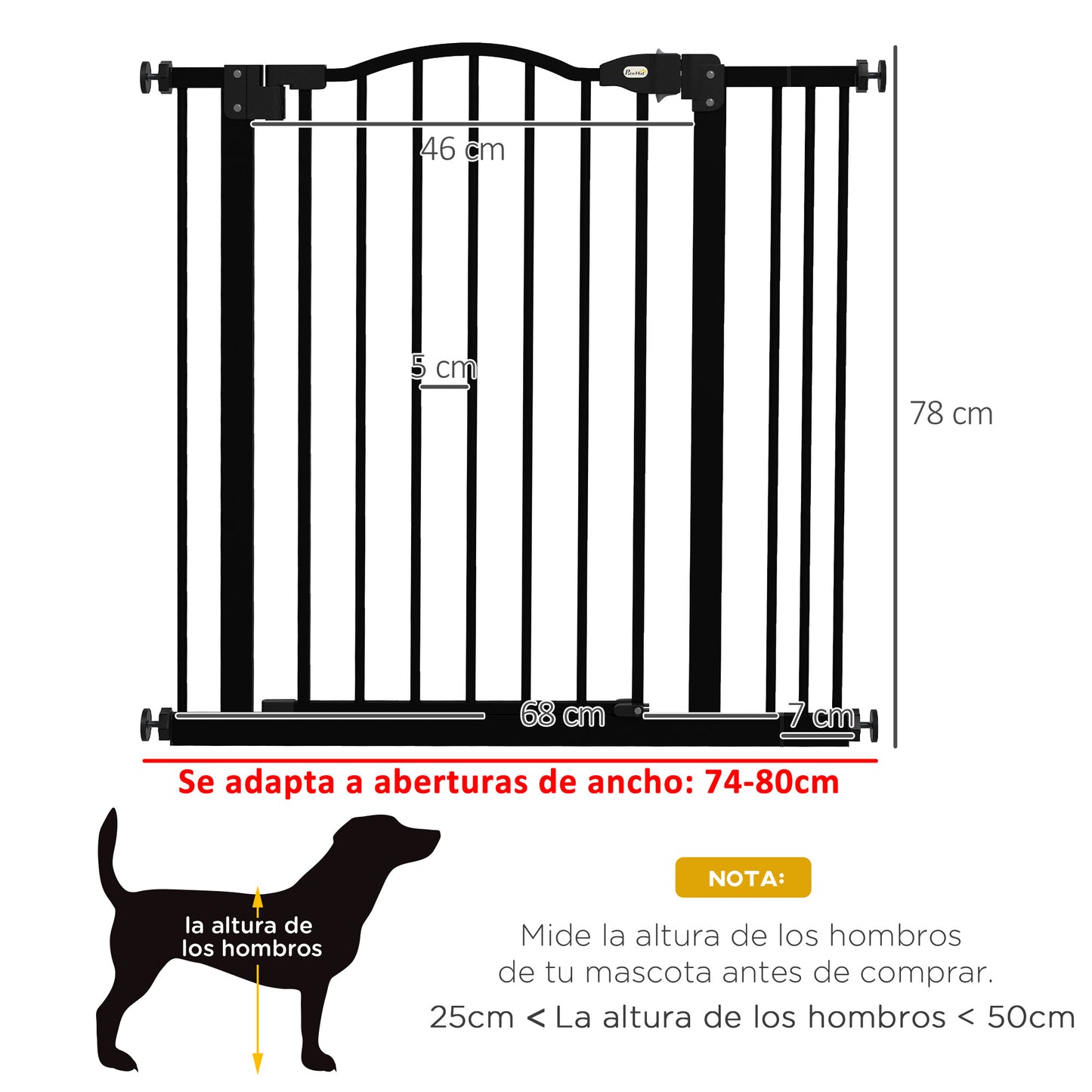 Puerta de seguridad para mascotas ajustable de metal 74-87 cm con puerta de cierre automático Negra