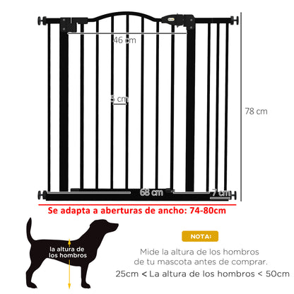 Puerta de seguridad para mascotas ajustable de metal 74-87 cm con puerta de cierre automático Negra