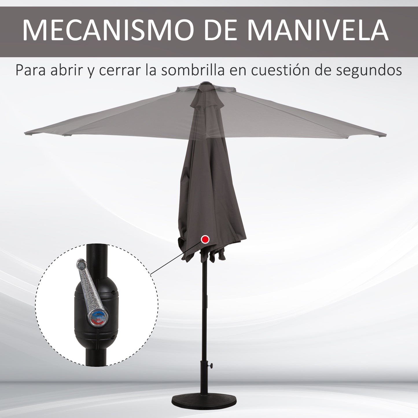Sombrilla de jardín de medio 2,7 m, paraguas exterior para balcón con 5 varillas de acero, sombra para patio, gris