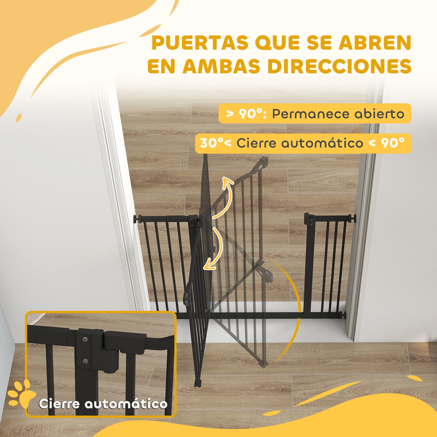 Puerta de seguridad para mascotas ajustable de metal 74-87 cm con puerta de cierre automático Negra