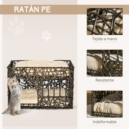 PawHut Cesta de Ratán para Gatos de 2 Alturas Cama Cueva de Gatos con 2 Cojines Suaves y Ventana 56x41x45 cm Café Oscuro