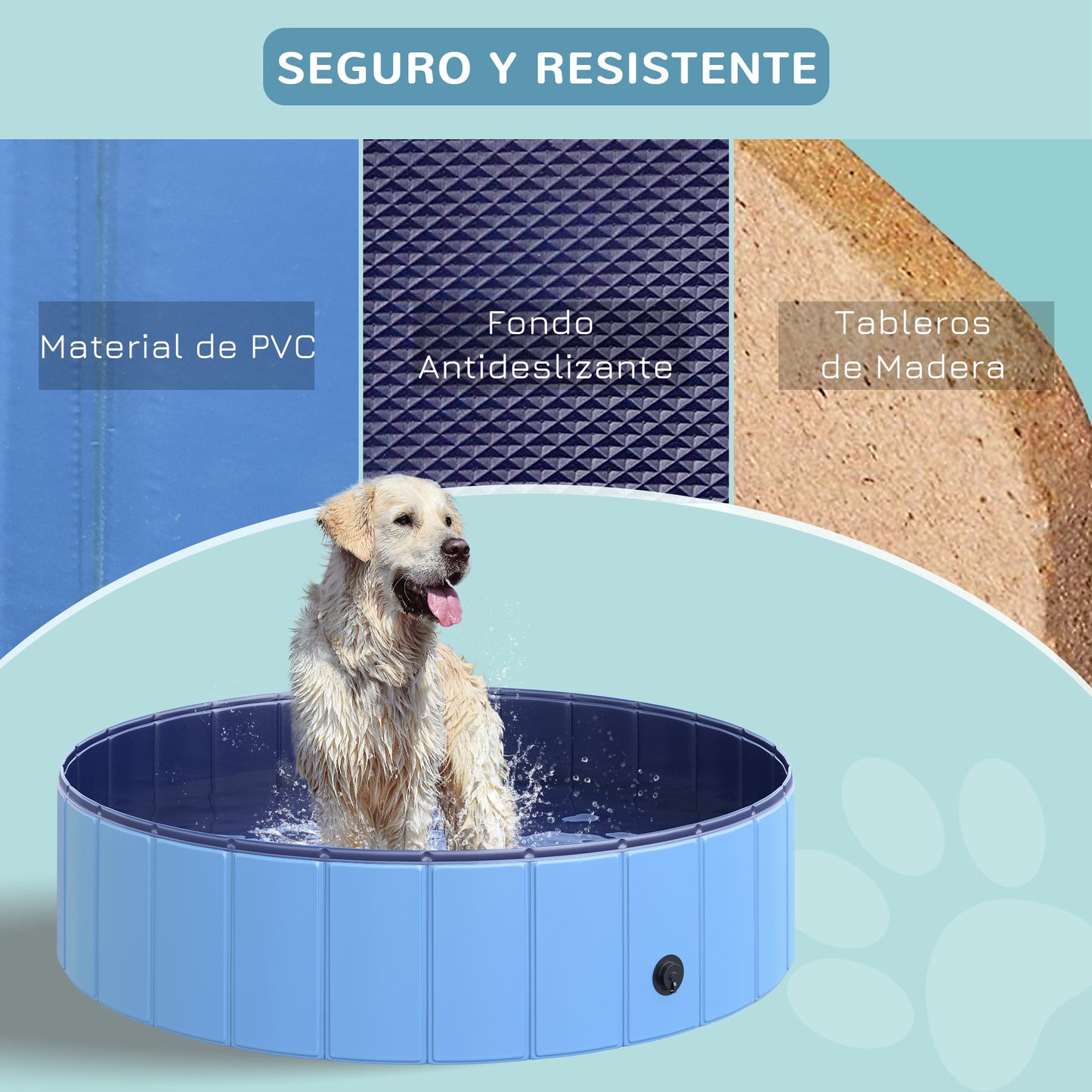 Piscina para Perros, Piscina Plegable para Perros, Plástico Duro e Impermeable, Bañera Portátil para Mascotas con Base Antideslizante y Orificio de Drenaje, para Interior, Exterior, Jardín, Patio, 120 x 30 cm, Azul