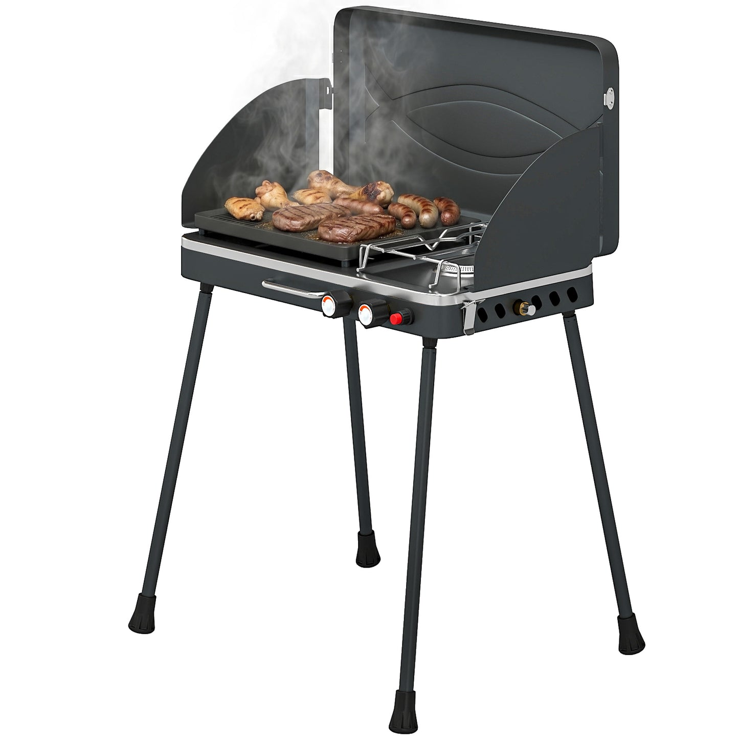 Barbacoa de Gas Portátil 2 en 1 Propano 7 kW de Mesa o de Pie con Plancha Grande Patas Desmontables Negro