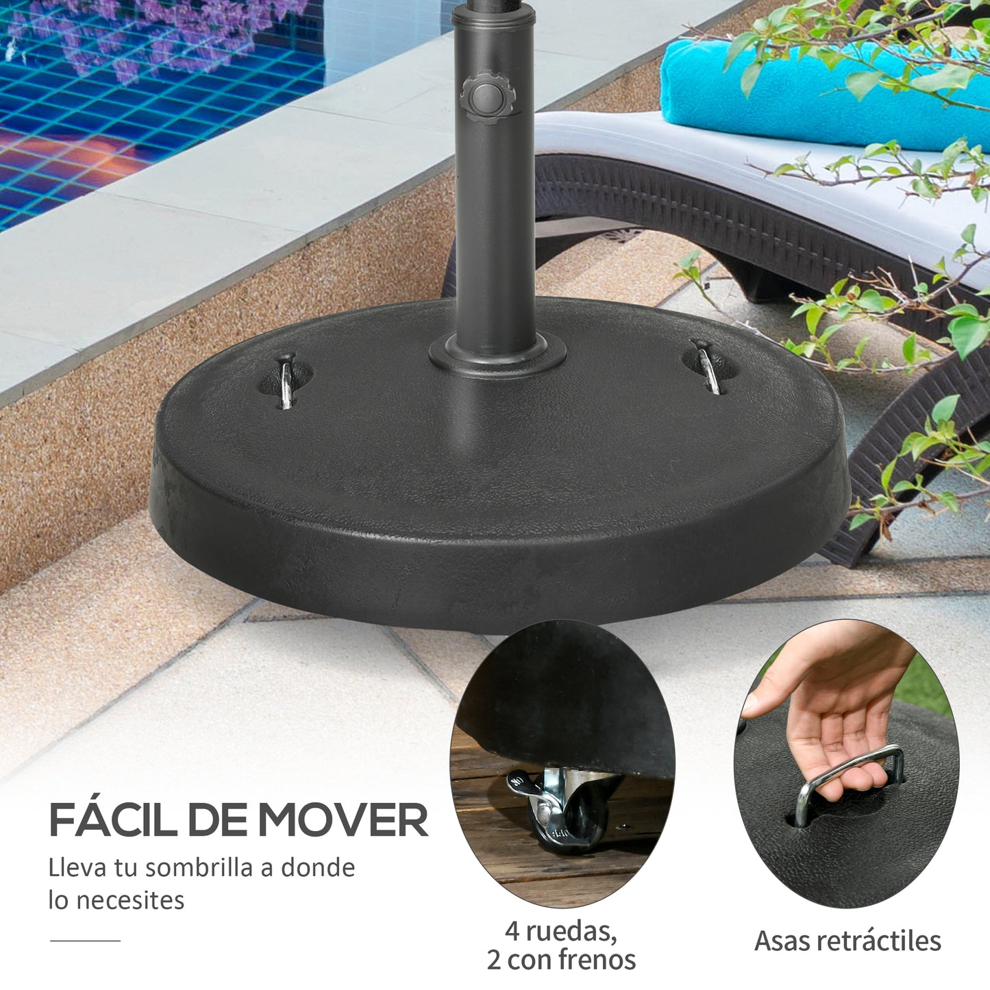 Base para Sombrilla de Resina de 25 kg con Ruedas y Asa Retráctil para Postes de Ø38/48 mm Ø53x41 cm Negro