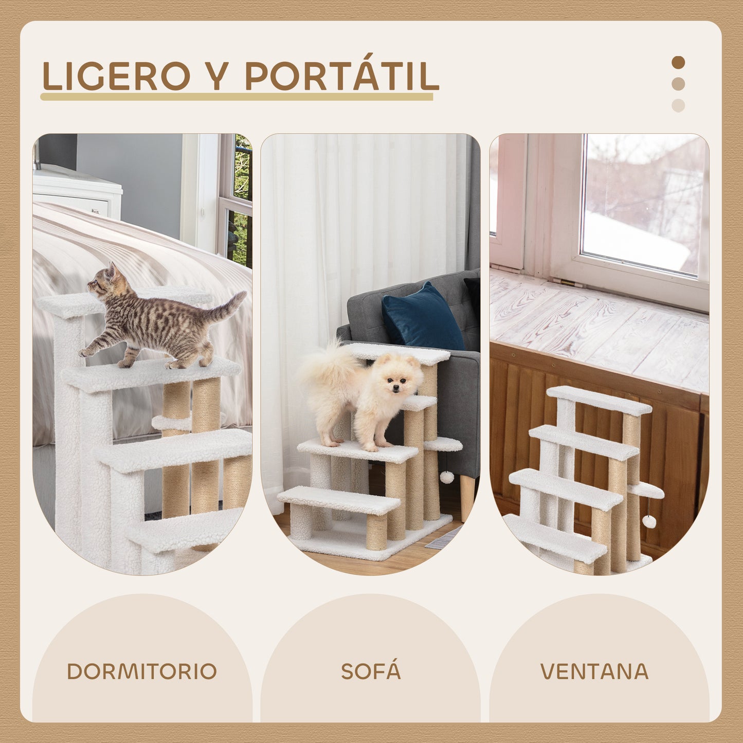 Escalera para Mascotas con Escalón de 4 Peldaños, Rascadores, Plataformas, Pelota de Juguete, para Gatos y Gatitos Mayores de Interior, Blanco