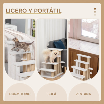 Escalera para Mascotas con Escalón de 4 Peldaños, Rascadores, Plataformas, Pelota de Juguete, para Gatos y Gatitos Mayores de Interior, Blanco