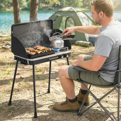 Barbacoa de Gas Portátil 2 en 1 Propano 7 kW de Mesa o de Pie con Plancha Grande Patas Desmontables Negro