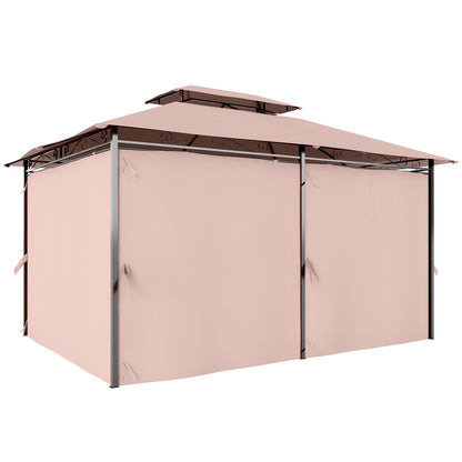Gazebo de Jardín 4x3m con Doble Techo y Cortinas Laterales en Acero y Poliéster, Color Caqu