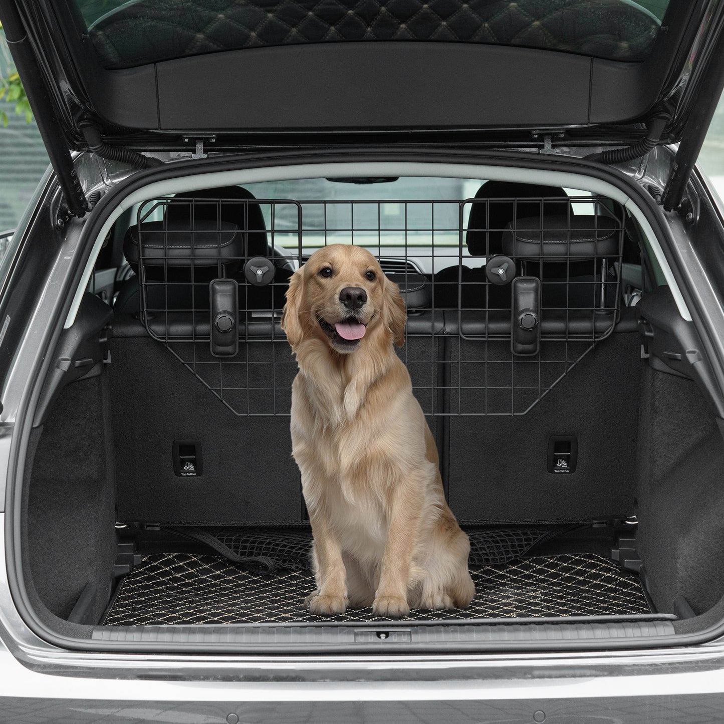 Protector para perros para coches Barrera ajustable para maletero Malla de metal con reposacabezas para mascotas, 90-120W x 40,5H cm