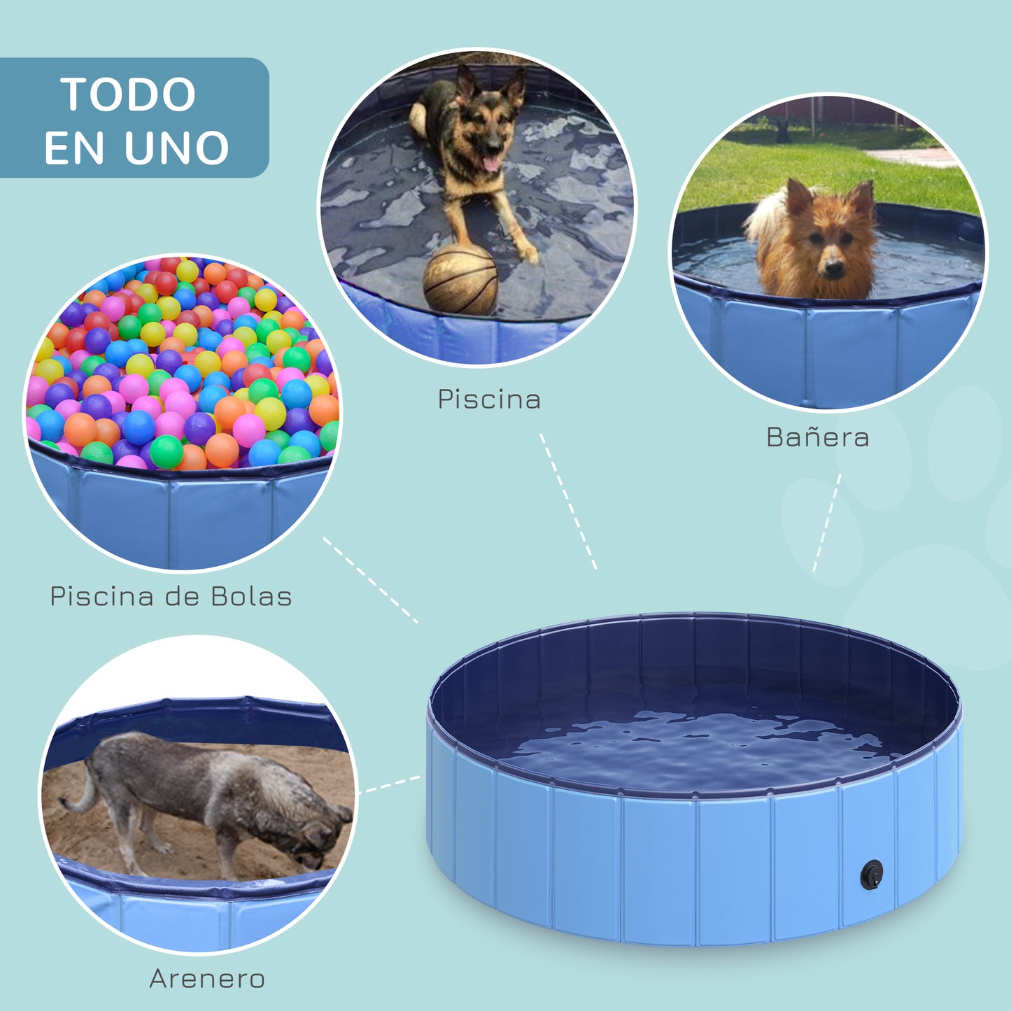 Piscina para Perros, Piscina Plegable para Perros, Plástico Duro e Impermeable, Bañera Portátil para Mascotas con Base Antideslizante y Orificio de Drenaje, para Interior, Exterior, Jardín, Patio, 120 x 30 cm, Azul