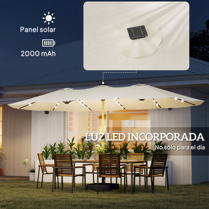 Sombrilla de jardín de doble cara con base incluida y 48 luces LED solares. Manivela para sombrilla de patio de 4,6 m, color blanco crema.