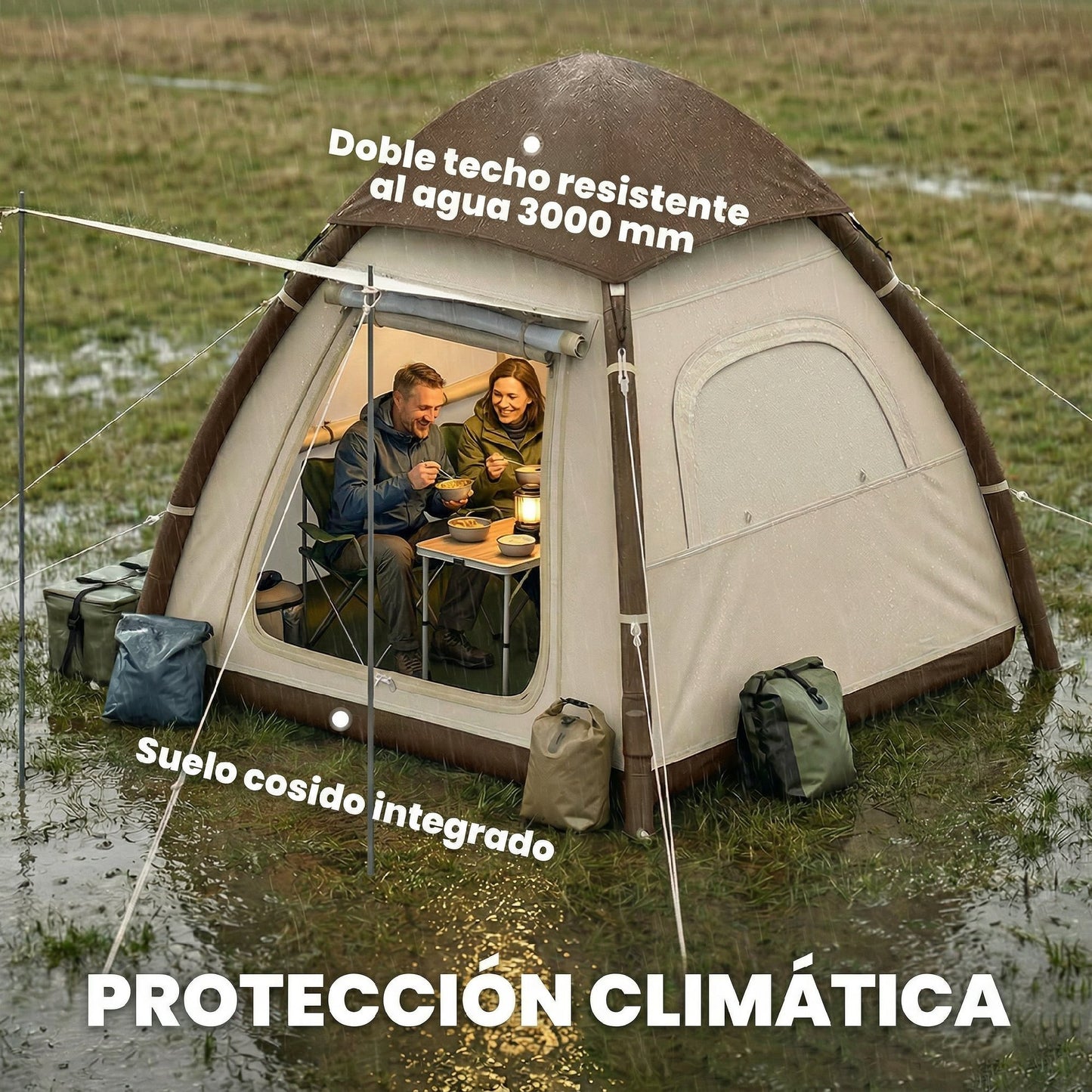 Tienda de campaña inflable con toldo impermeable, tienda de aire para 3 personas 3000mm, color crema