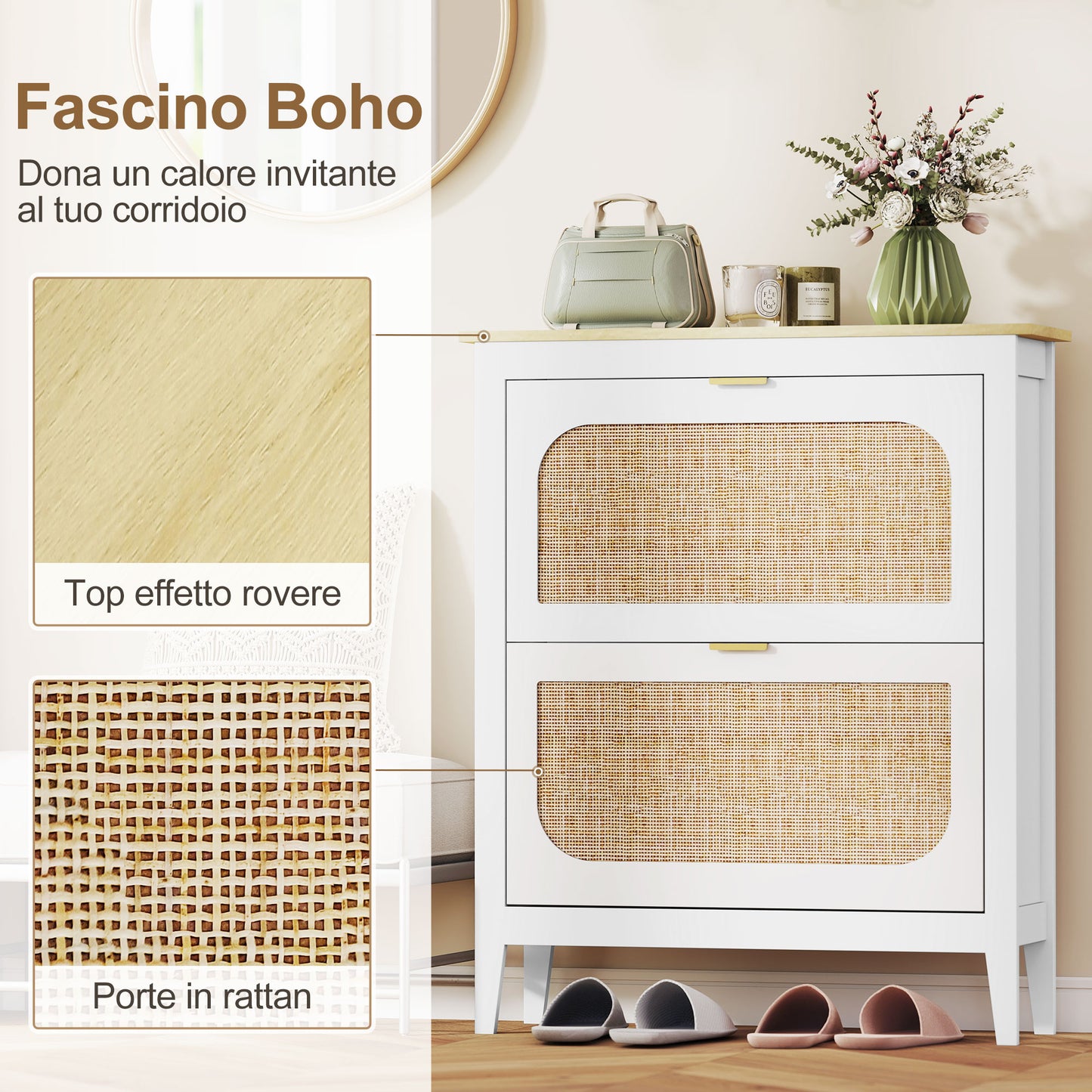 Armario estrecho para zapatos, gabinete delgado estilo boho con 2 cajones abatibles, capacidad para 14 pares, blanco