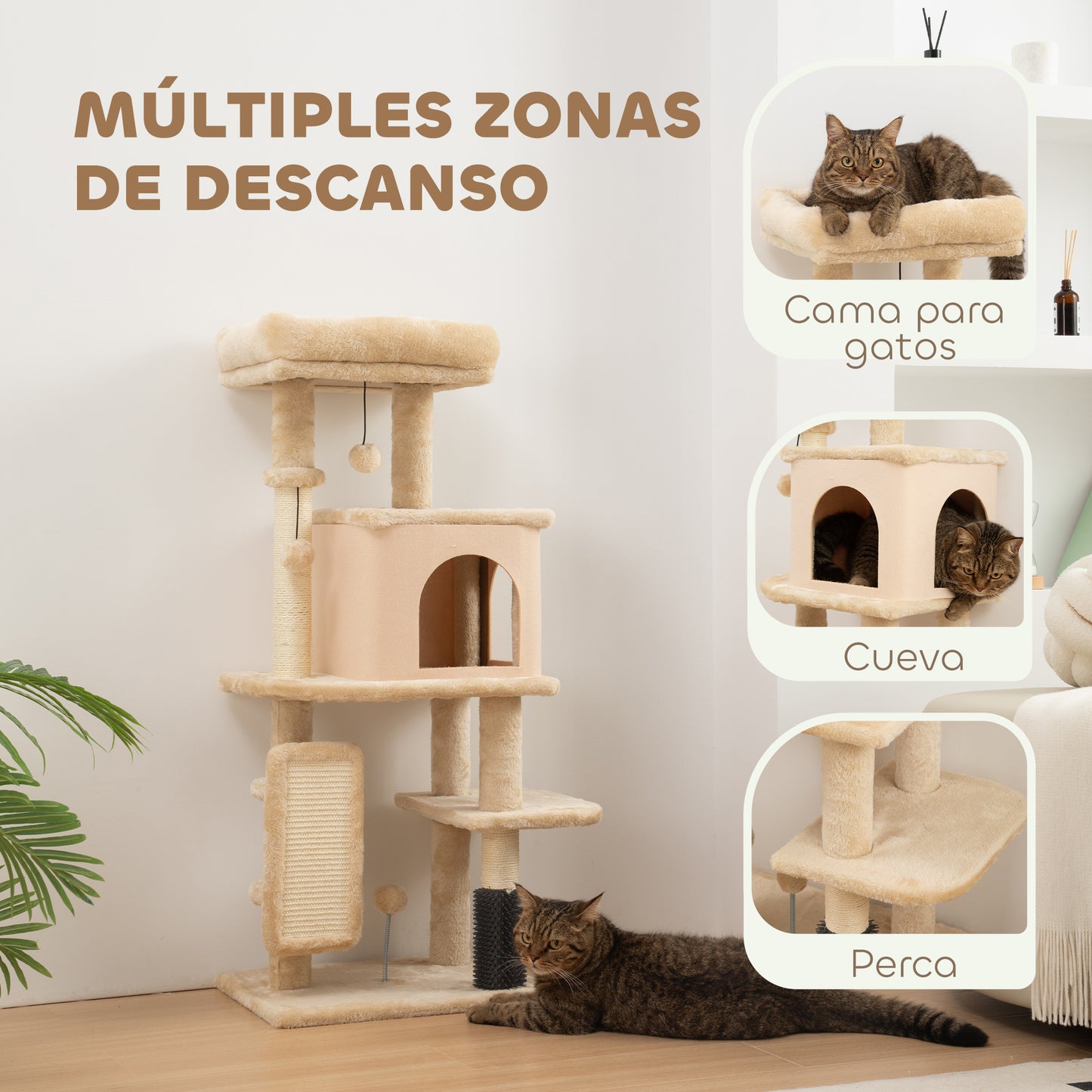 Árbol Rascador para Gatos Altura 104cm con Plataformas Poste con Cepillo Bolas Colgantes y Almohadilla para Rascar Beige