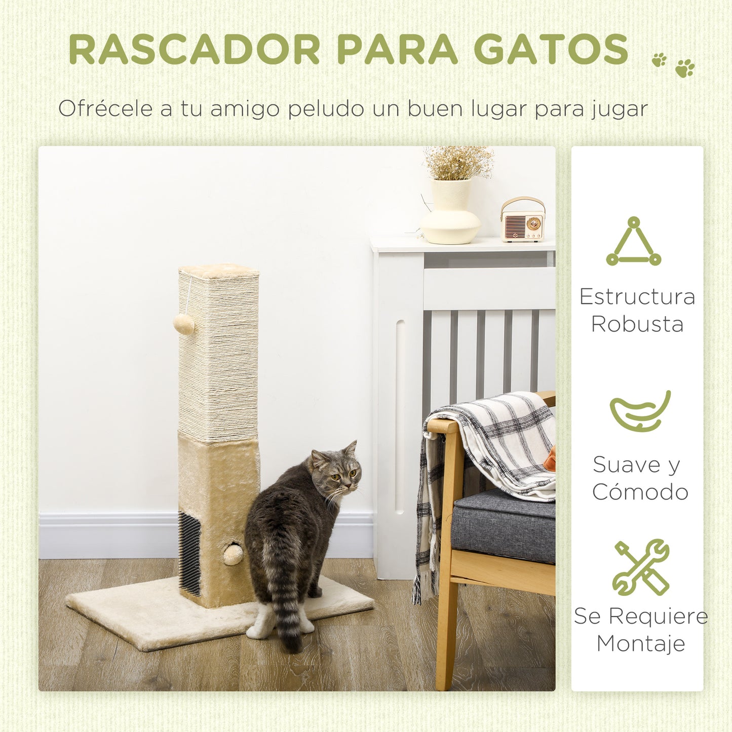 Rascador para Gatos de Yute con Base de Alfombra y Juguete Colgante - Beige
