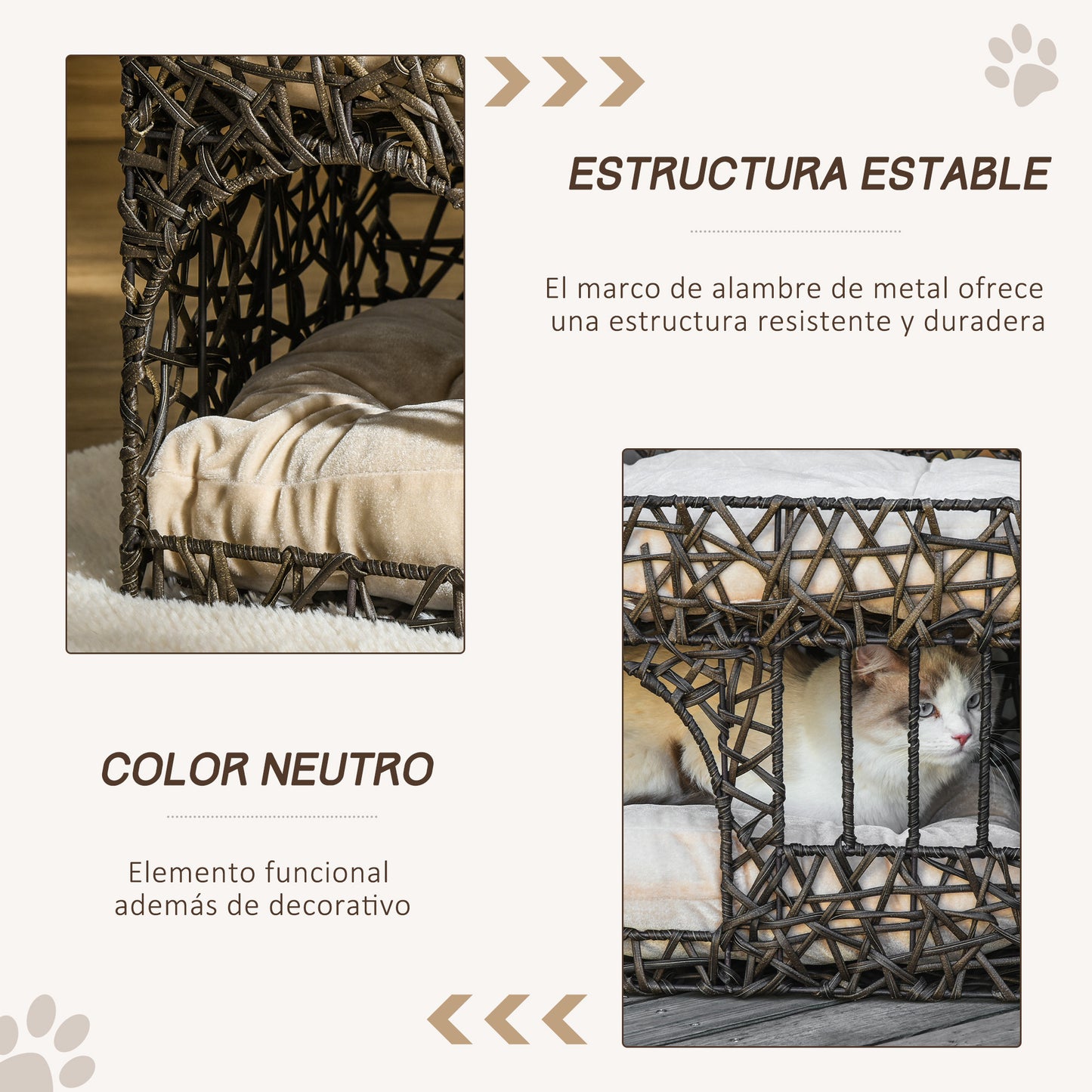 PawHut Cesta de Ratán para Gatos de 2 Alturas Cama Cueva de Gatos con 2 Cojines Suaves y Ventana 56x41x45 cm Café Oscuro