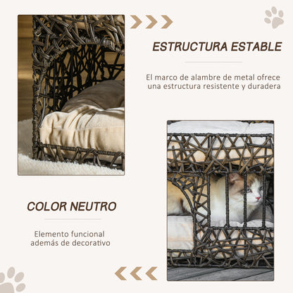PawHut Cesta de Ratán para Gatos de 2 Alturas Cama Cueva de Gatos con 2 Cojines Suaves y Ventana 56x41x45 cm Café Oscuro