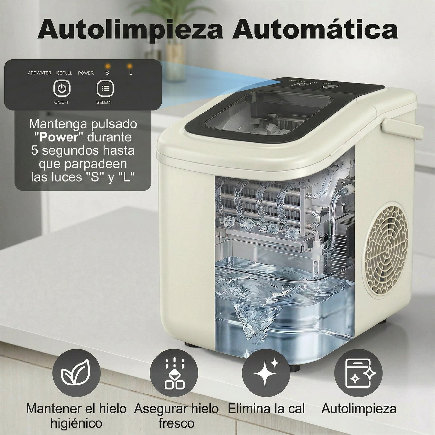 Máquina de Hielo Autolimpiable 12 kg/24H 9 Cubitos Listos en 7 Minutos 2 Tamaños de Hielo 1,2L Depósito Beige