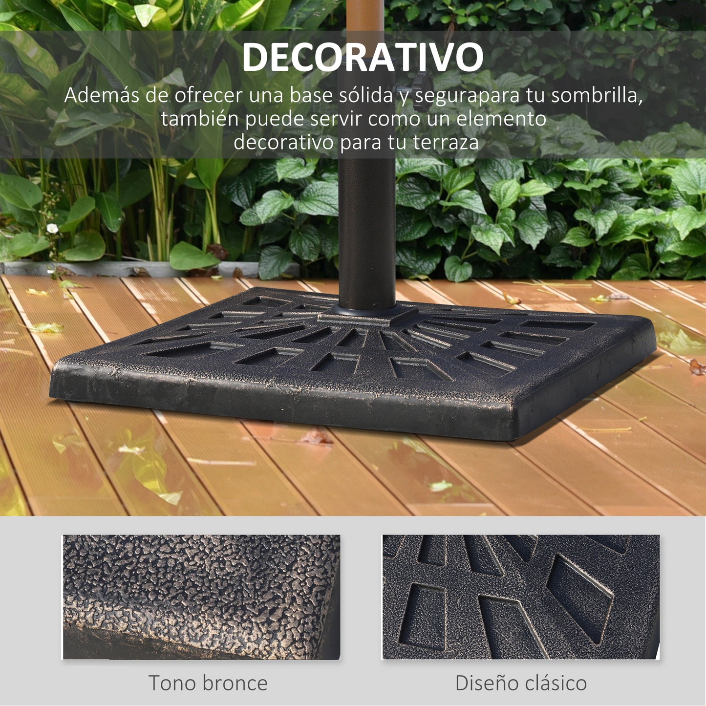 Base de soporte de sombrilla cuadrada para jardín y patio de resina duradera de 15 kg con colofonia estampada, bronce