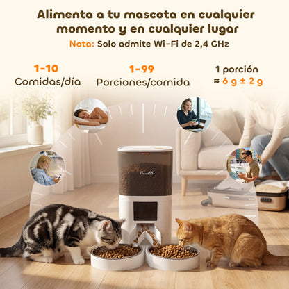 Comedero Automático 6L WiFi 2.4G con Control App 2 Cuencos Programable 1-10 Comidas Grabadora Voz 10s Fácil de Limpiar