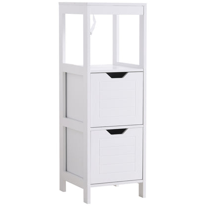 Armario de Baño Gabinete Multifuncional con Estante Abierto 2 Cajones de Almacenaje Diseño Antivuelco 30x30x89 cm Blanco