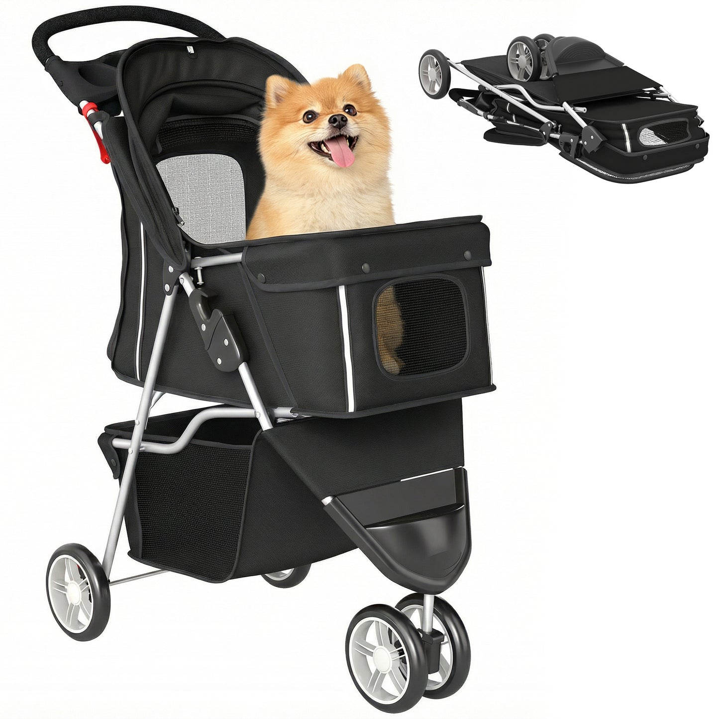 Cochecito para Mascotas de 3 Ruedas para Perros Pequeños y Miniatura, Negro