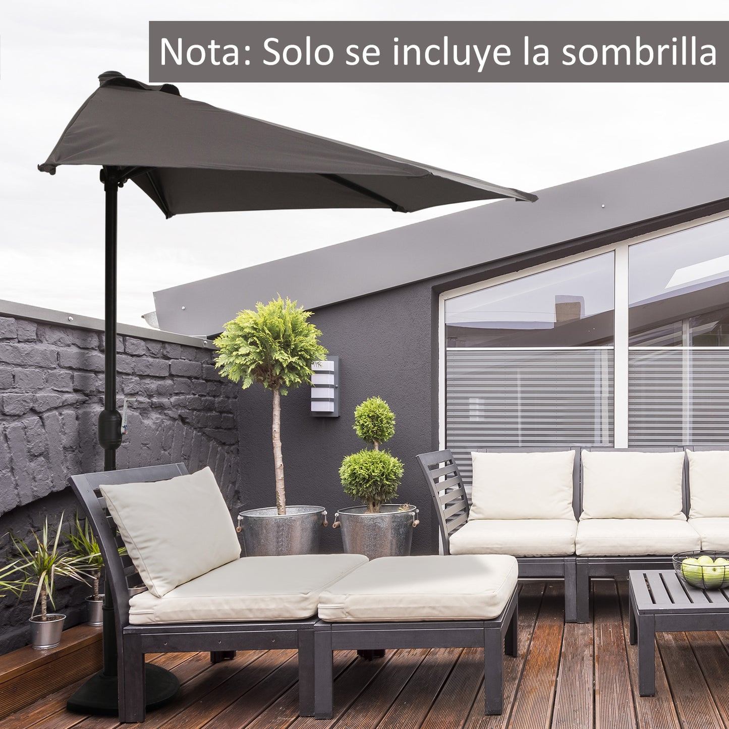 Sombrilla de jardín de medio 2,7 m, paraguas exterior para balcón con 5 varillas de acero, sombra para patio, gris