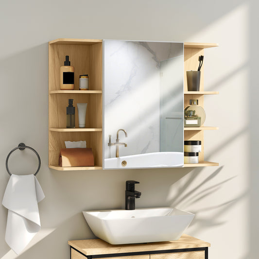 Armario de Espejo de Baño con Estantes Abiertos de Almacenamiento - Acabado en Madera Natural