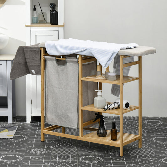 Cesto de Ropa Sucia 57,4L con Tabla de Planchar Soporte para Plancha 3 Estantes y Bolsa Extraíble 113x34x82 cm Natural