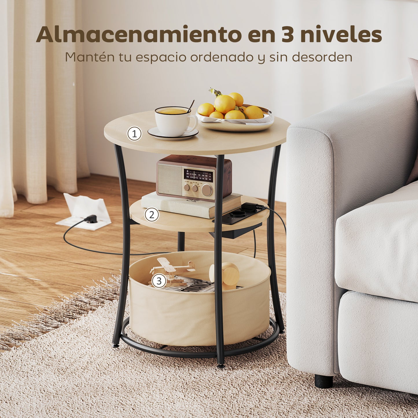 Mesa Auxiliar Redonda de 3 Niveles con Estación de Carga 3 Estantes y Bolsa para Salón Dormitorio Ø50x55,1 cm Natural