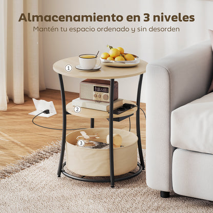 Mesa Auxiliar Redonda de 3 Niveles con Estación de Carga 3 Estantes y Bolsa para Salón Dormitorio Ø50x55,1 cm Natural