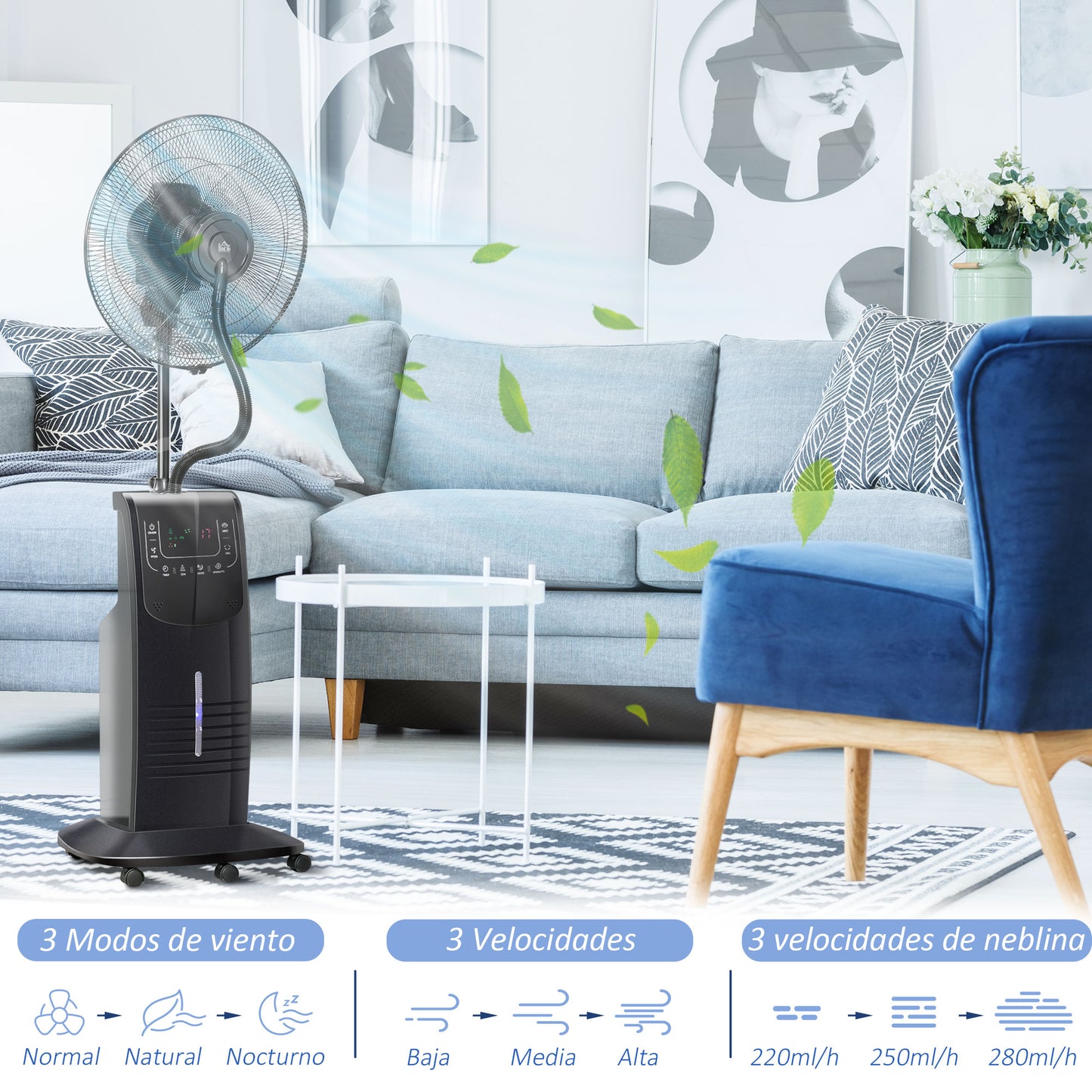 Ventilador de Pie Oscilante con Nebulizador 90W con Control Remoto 5 Aspas Tanque de Agua 3,1 L 44,5x44,5x135 cm Negro