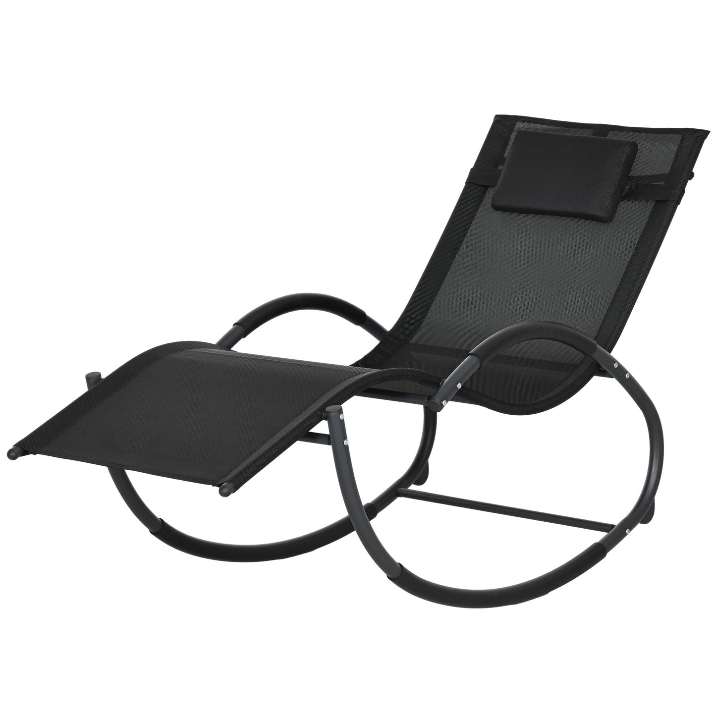 Tumbona Mecedora con Reposacabezas Reposabrazos y Marco Metálico Carga 120 kg para Interior y Exterior 155x61x88cm Negro