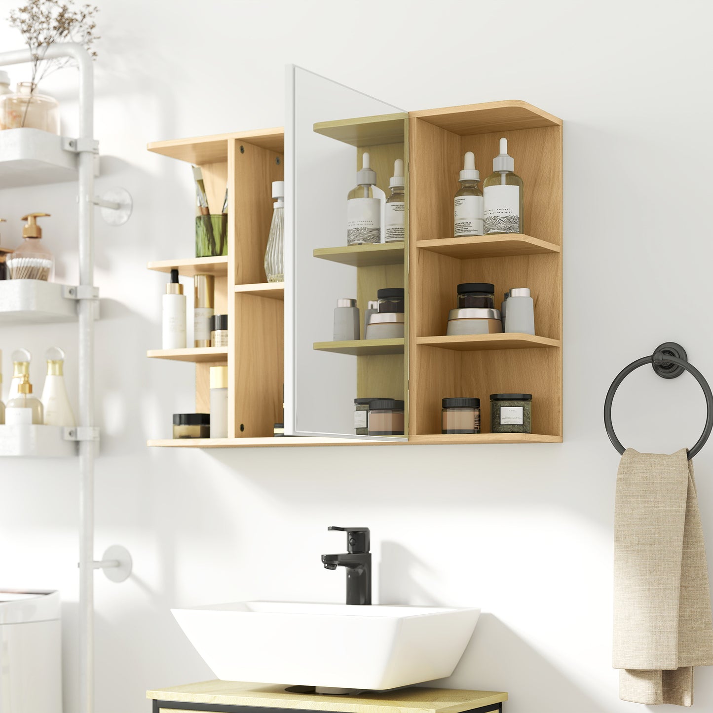 Armario de Espejo de Baño con Estantes Abiertos de Almacenamiento - Acabado en Madera Natural