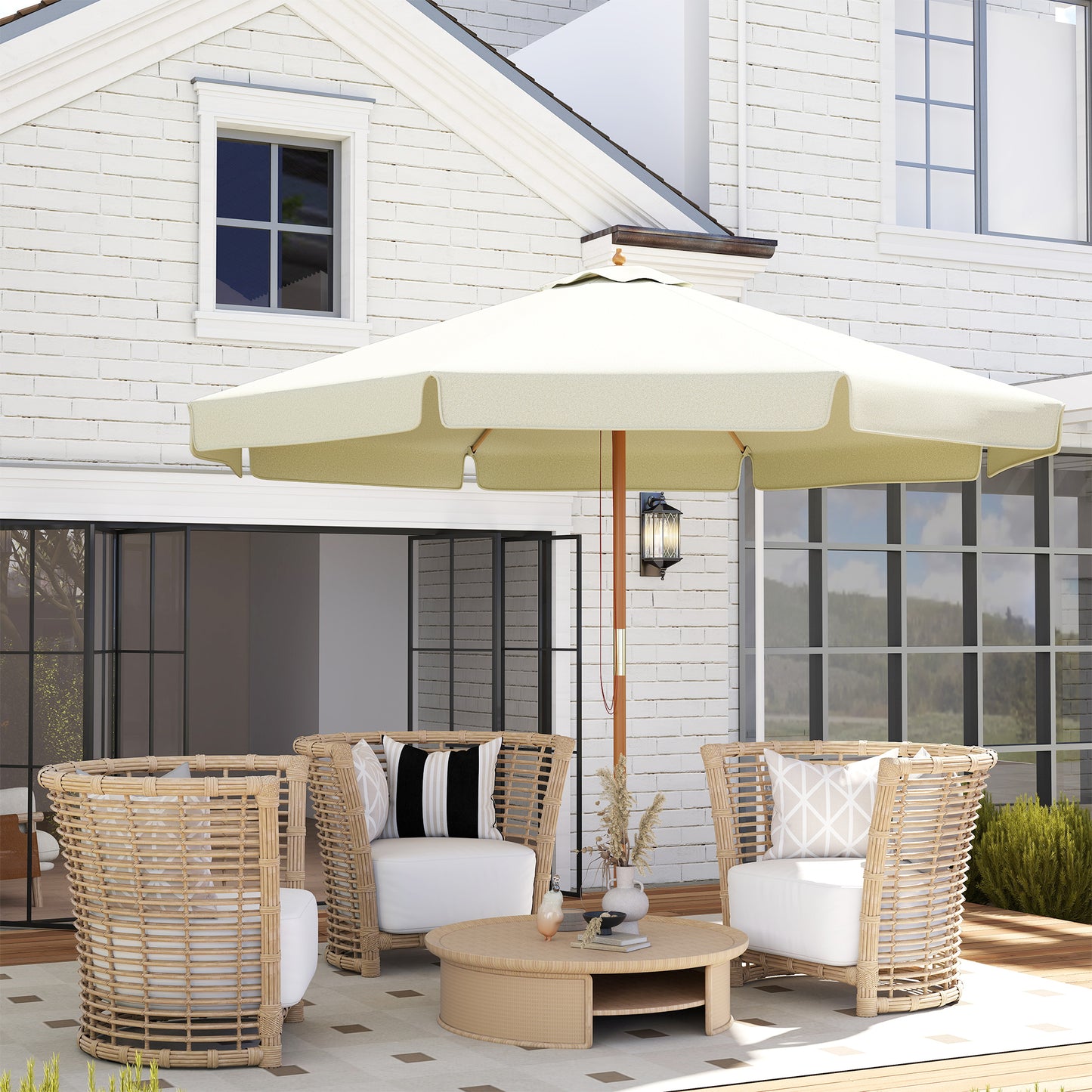 3.3(m) Patio Umbrella, Garden Parasol, Outdoor Sun Shade Canopy with 8 Bamboo Ribs, Ruffles and Wood Pole, Beige
