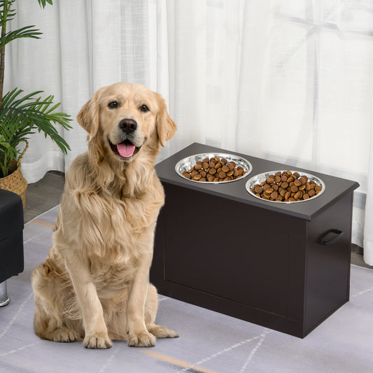 Comedero Elevado para Perros Grandes con 2 Cuencos de 2000ml y Almacenamiento Oculto 60x30x41 cm Marrón Oscuro