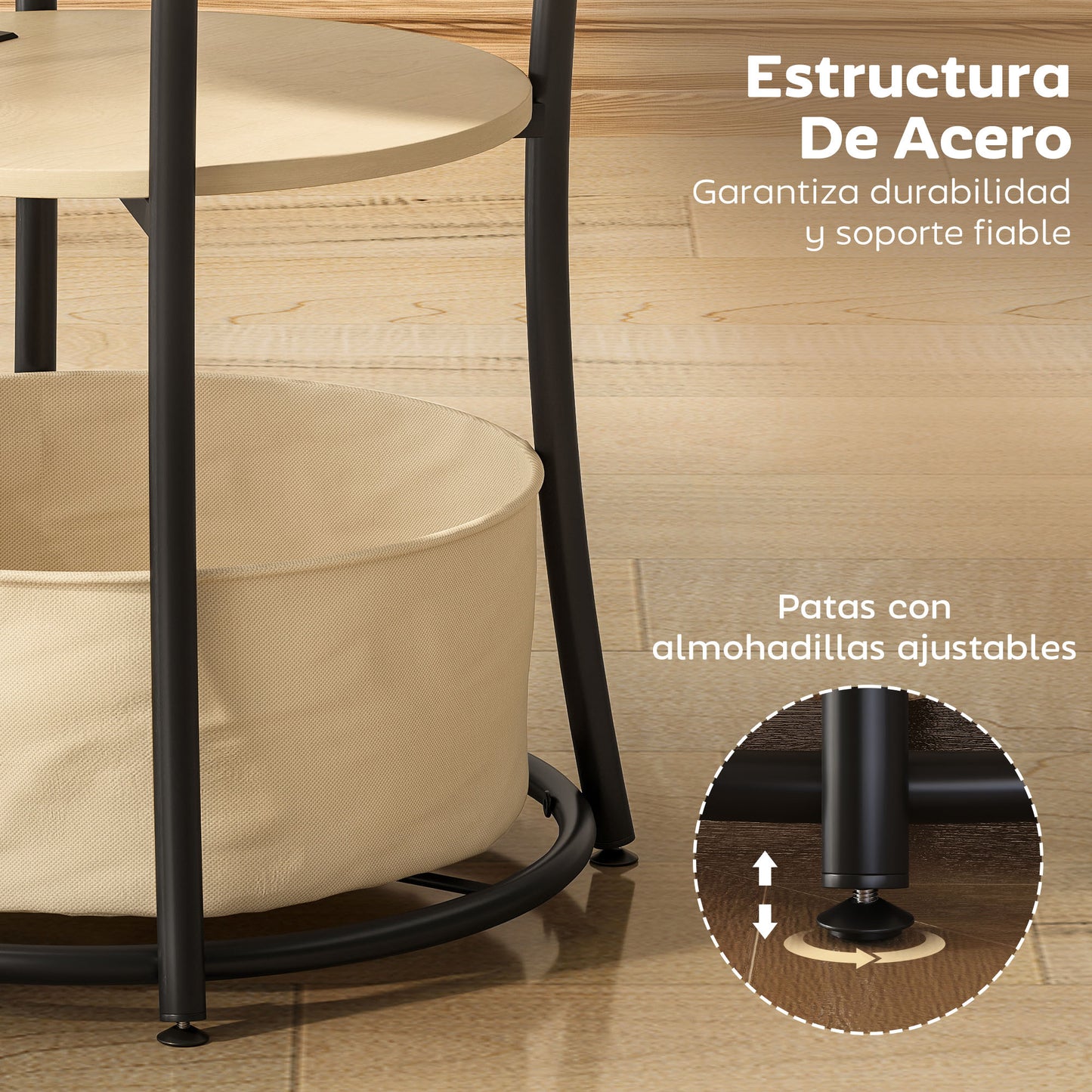 Mesa Auxiliar Redonda de 3 Niveles con Estación de Carga 3 Estantes y Bolsa para Salón Dormitorio Ø50x55,1 cm Natural
