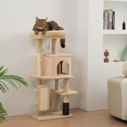 Árbol Rascador para Gatos Altura 104cm con Plataformas Poste con Cepillo Bolas Colgantes y Almohadilla para Rascar Beige
