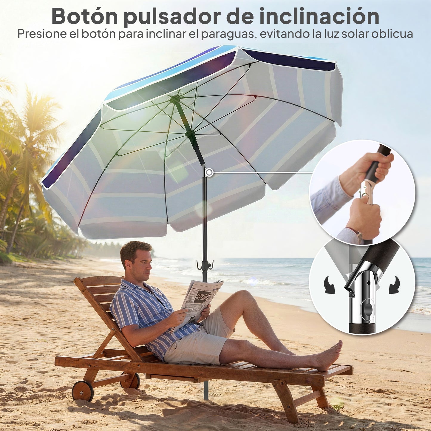 Sombrilla de Playa con Mesa Plegable y Portavasos Ø198 cm Altura Ajustable Inclinación Bolsa de Transporte Multicolor