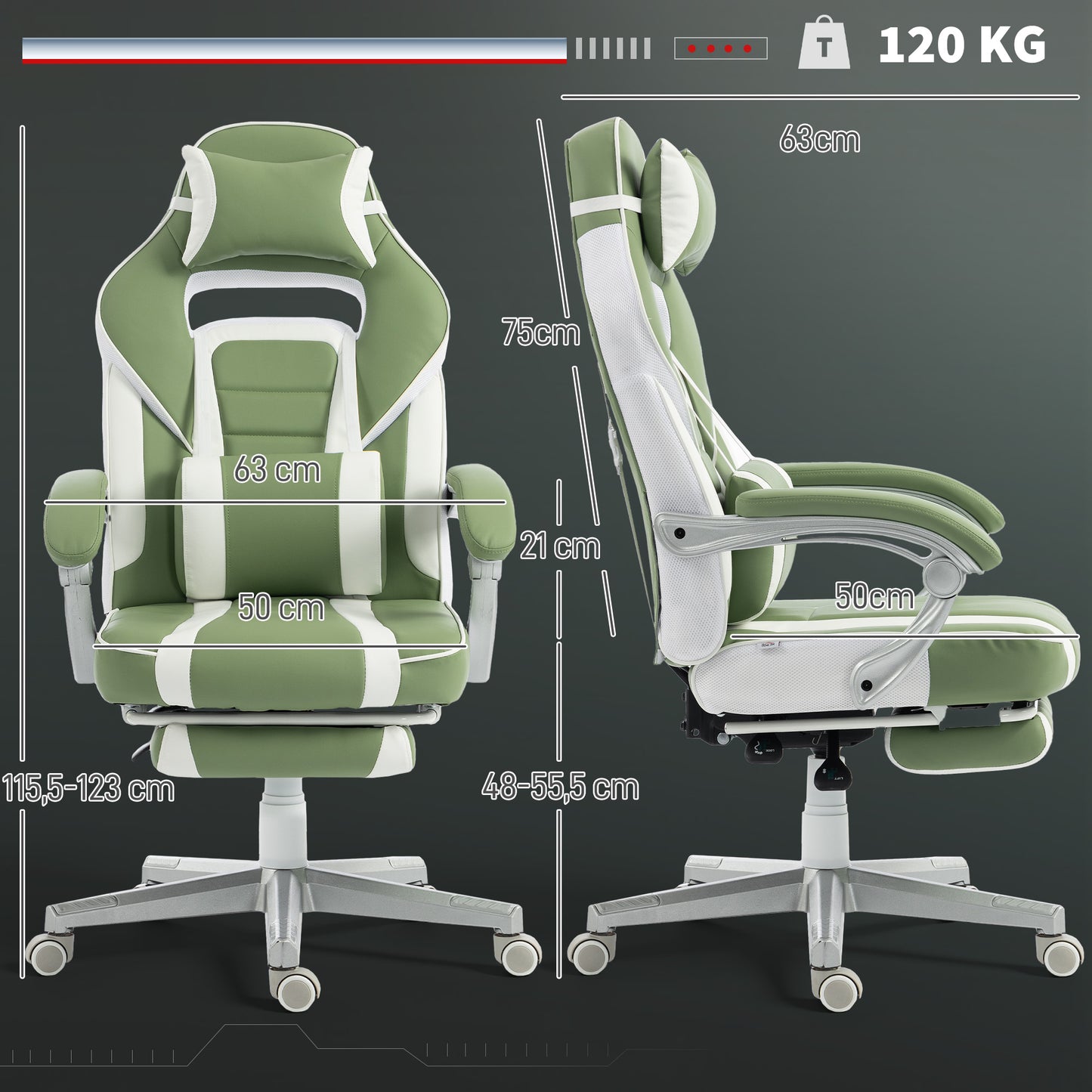 Silla Gamer Reclinable con Altura Ajustable Reposapiés Retráctil Soporte Lumbar y Reposacabezas Desmontable Verde