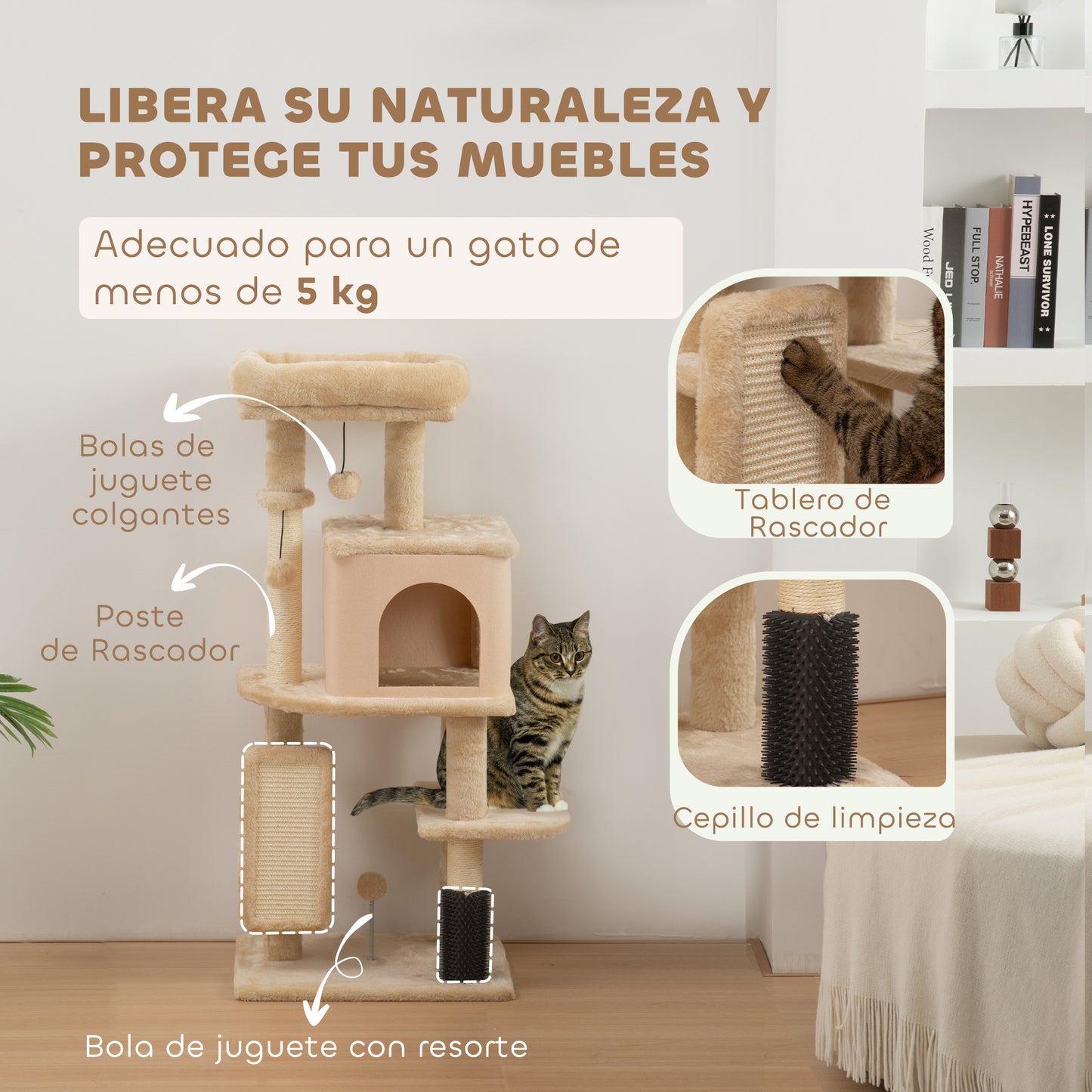 Árbol Rascador para Gatos Altura 104cm con Plataformas Poste con Cepillo Bolas Colgantes y Almohadilla para Rascar Beige