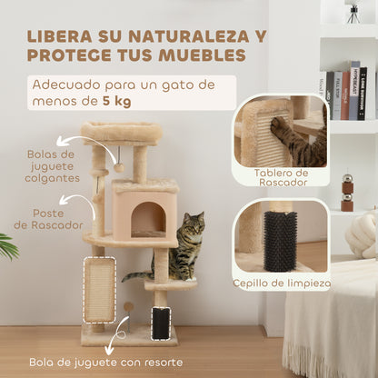 Árbol Rascador para Gatos Altura 104cm con Plataformas Poste con Cepillo Bolas Colgantes y Almohadilla para Rascar Beige