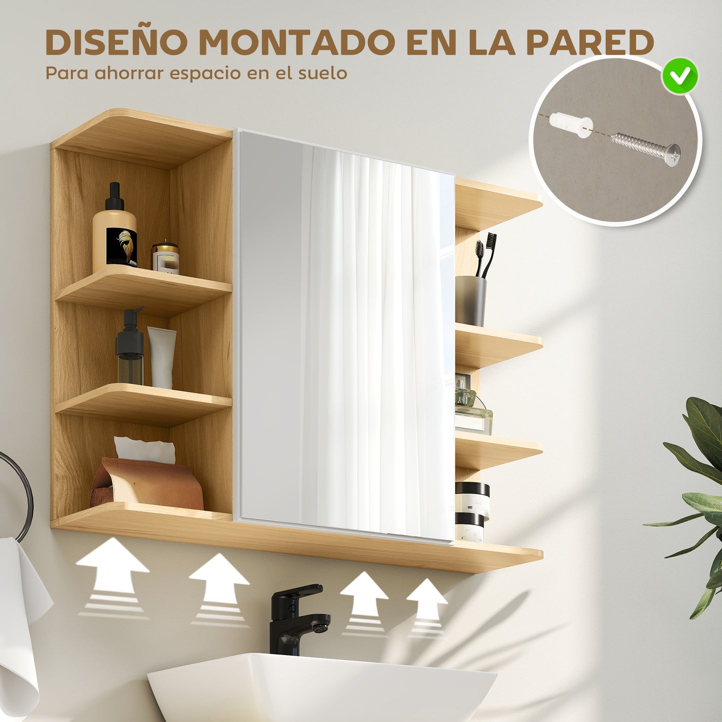 Armario de Espejo de Baño con Estantes Abiertos de Almacenamiento - Acabado en Madera Natural