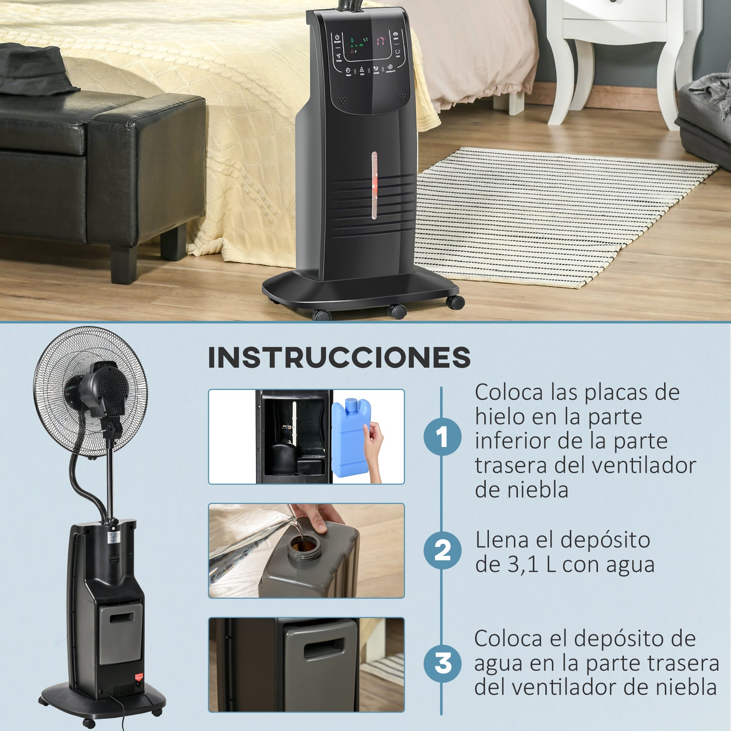 Ventilador de Pie Oscilante con Nebulizador 90W con Control Remoto 5 Aspas Tanque de Agua 3,1 L 44,5x44,5x135 cm Negro